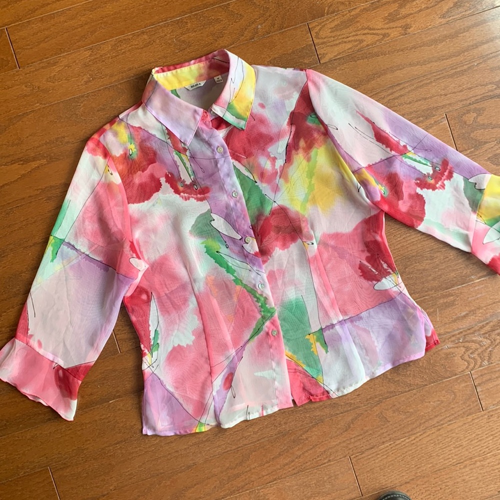 Vintage Nikola Pastel Sheer Ruffle Button Front Blouse Unique 80s Size Medium